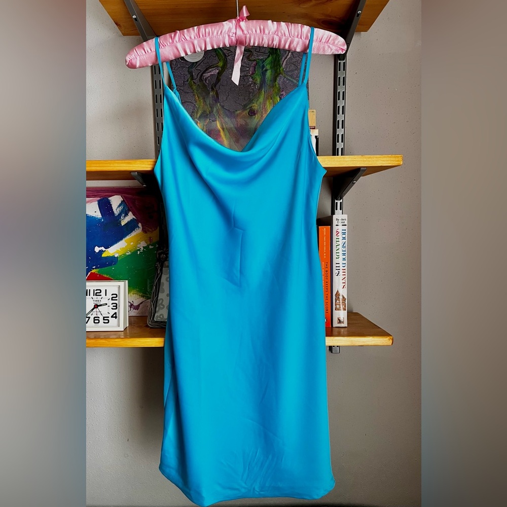 Urban Outfitters Mallory Cowl Slip Dress | Aqua Blue Satin Y2K Mini S